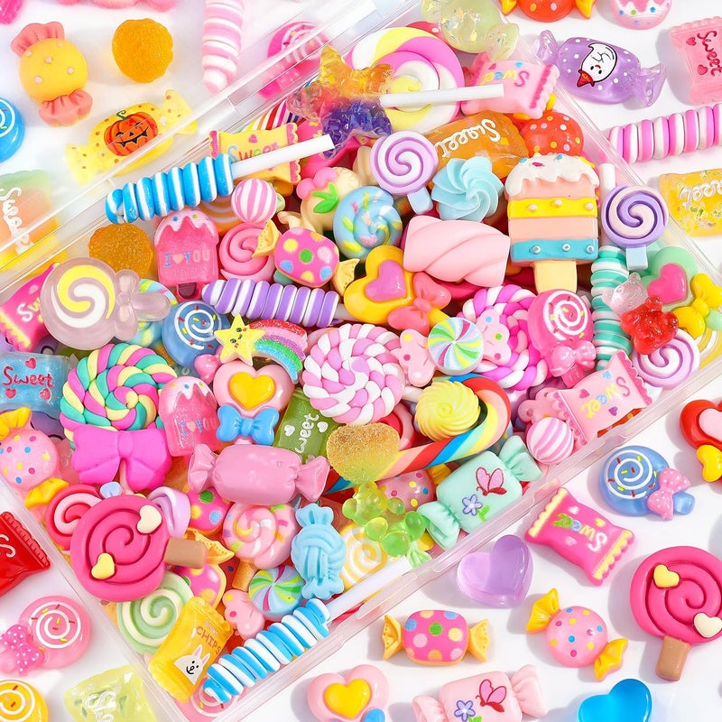Glitzest 100PCS TINKRSTUFF Fake Candy Charms Cute Flatback Resin Charms for Slime, Random Kawaii Decoden Charm for Embellishments Phone Junk Case Charms Bulk Rainbow Bow Heart Lollipop, Scrapbooking DIY Decor - Image 1
